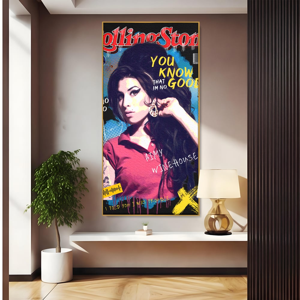 Tablou canvas cu tablou canvas cu amy winehouse pe coperta rolling stone, in rama de aluminiu auriu